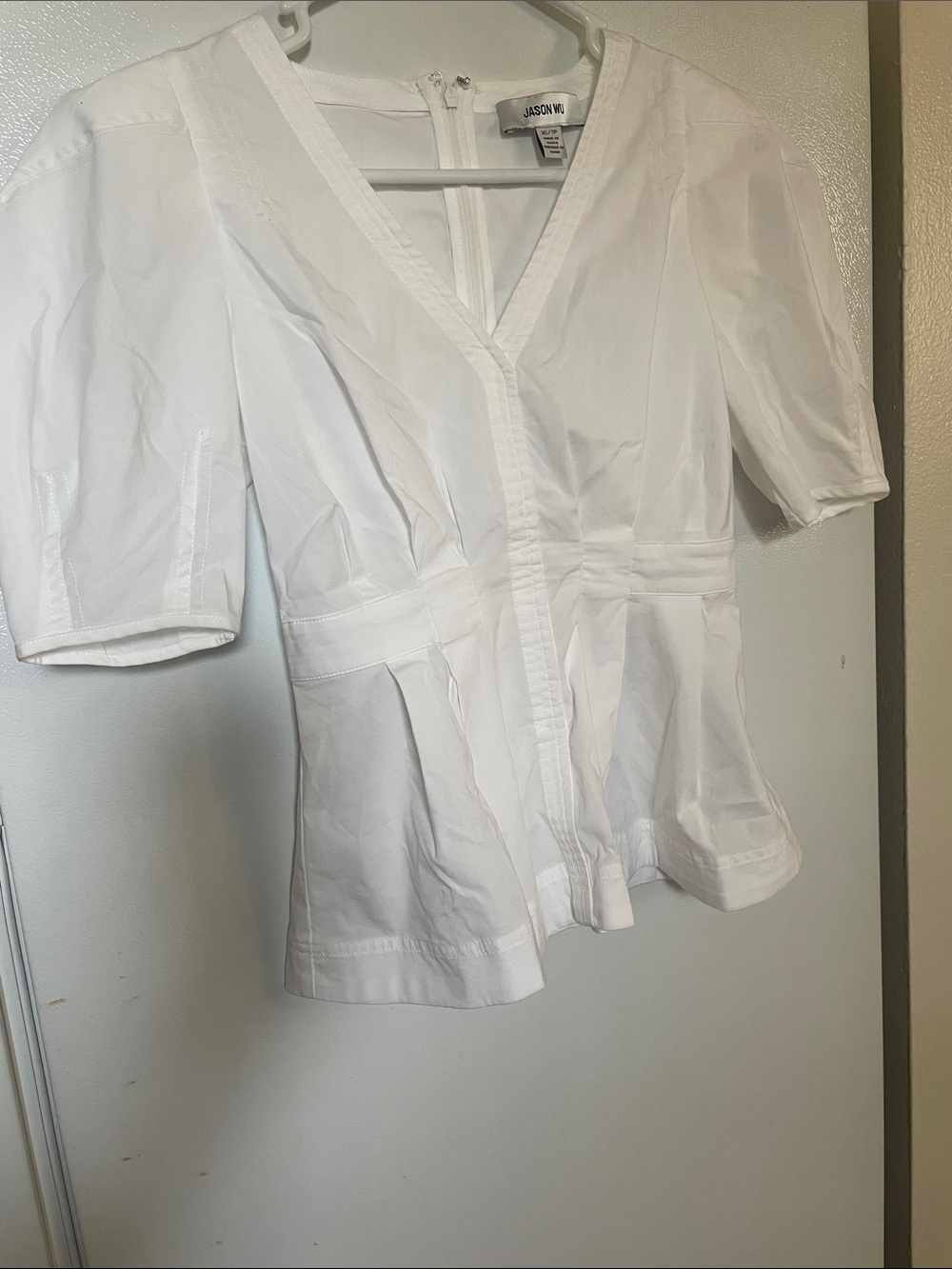 Jason Wu XS Bright White V-Neck Peplum Blouse Cotton Blend White Party Preppy